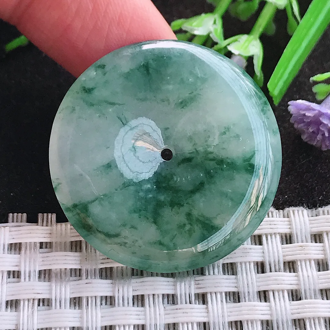 天然A货翡翠31.4/5.2老坑精美冰润飘花平安扣吊坠翡翠挂件