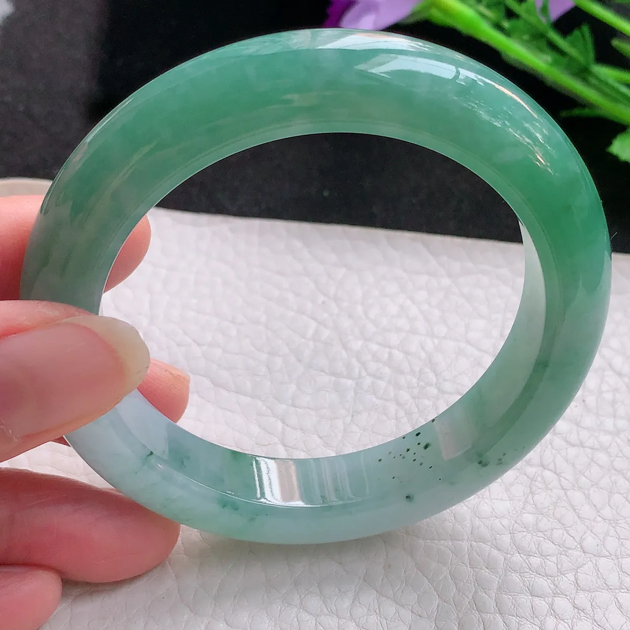 yh自然光56.5*12.5*9.8平安镯 翡翠玉手镯冰胶油绿宽边玉手环