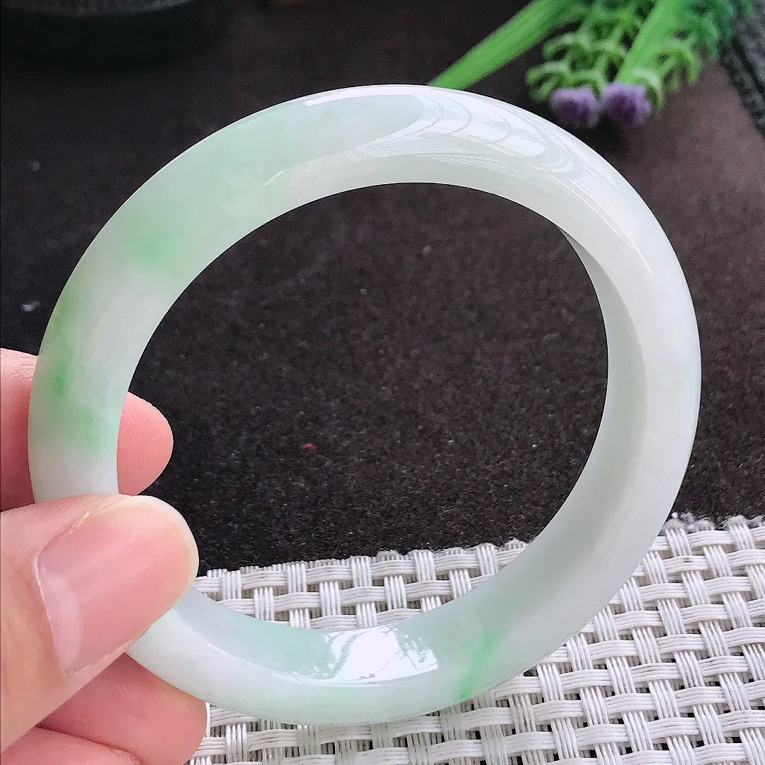 天然A货翡翠56.5/12.1/8.6老坑冰润水灵飘阳绿手镯宽边玉镯手环