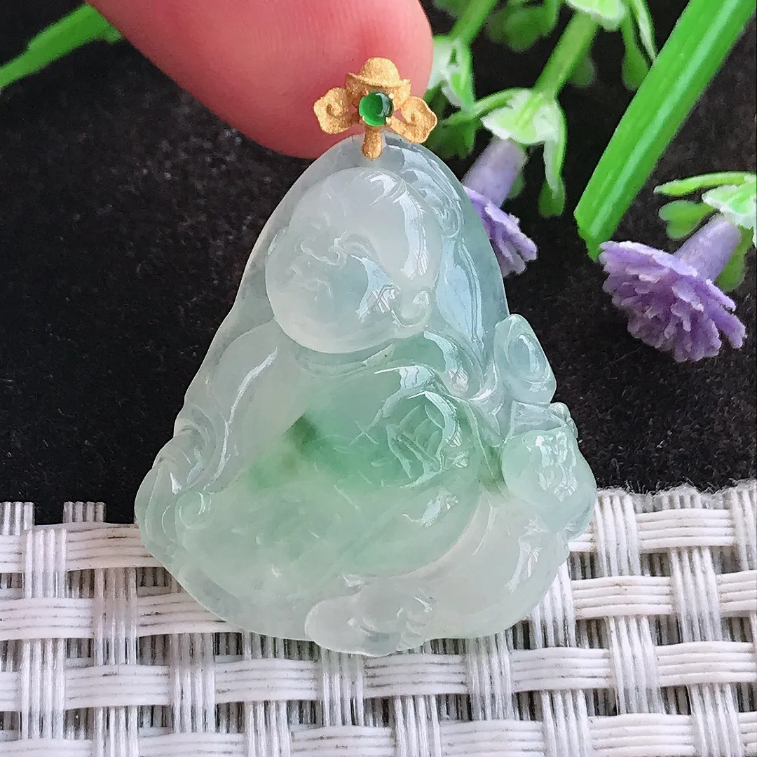 天然A货翡翠29.3/25.7/6.8老坑18k金镶嵌冰种果冻胶冰飘花招财童子吊坠翡翠挂件