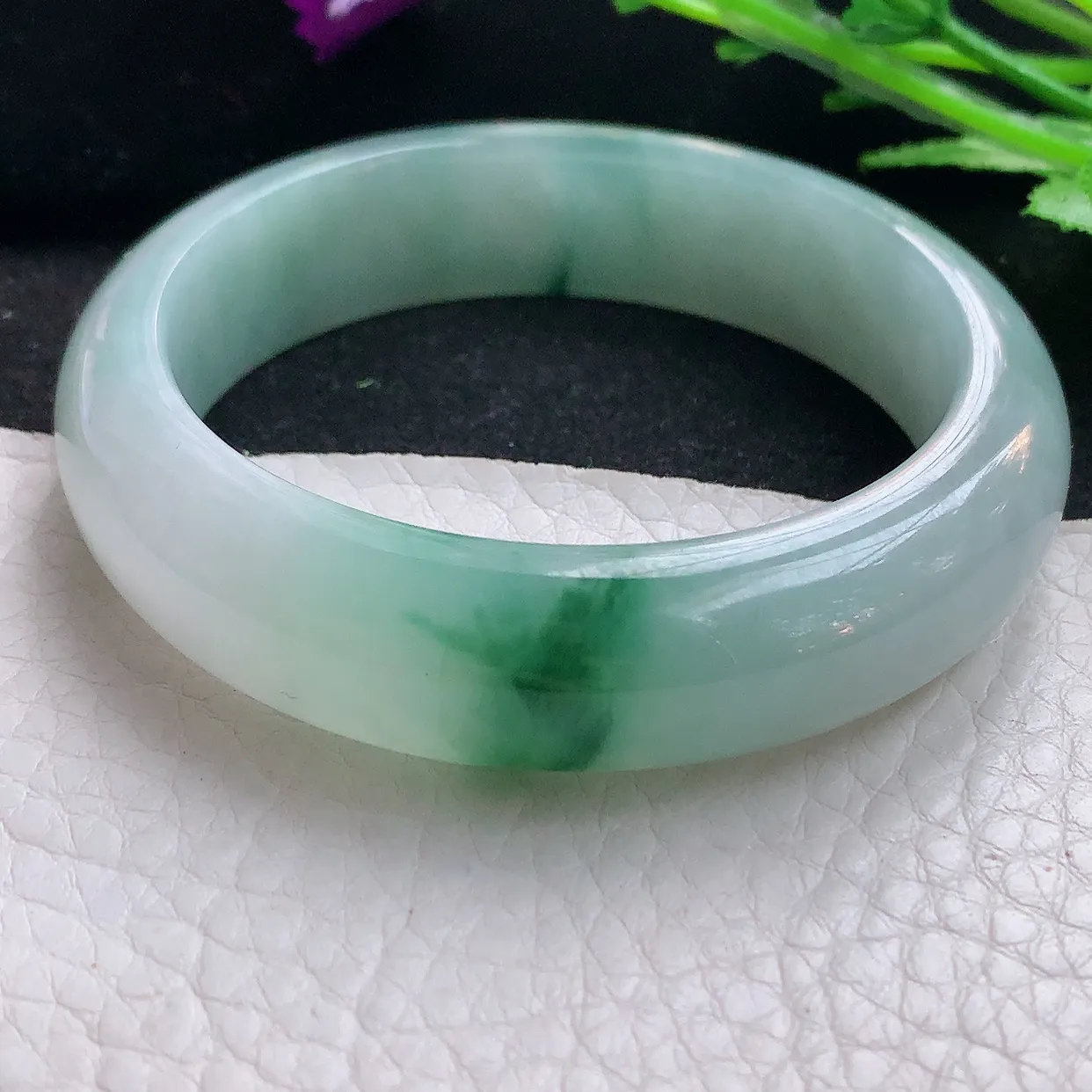 jm自然光53*14*8.3平安镯 缅甸翡翠A货冰飘花宽边玉手镯玉手环