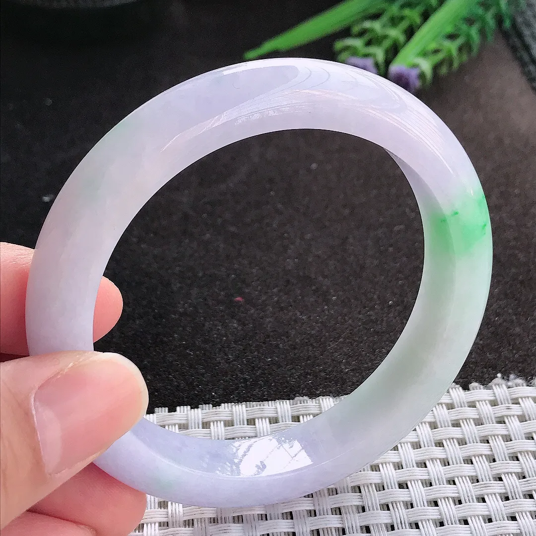 天然A货翡翠58/12/9老坑精美温润春带彩手镯紫罗兰宽边玉镯手环