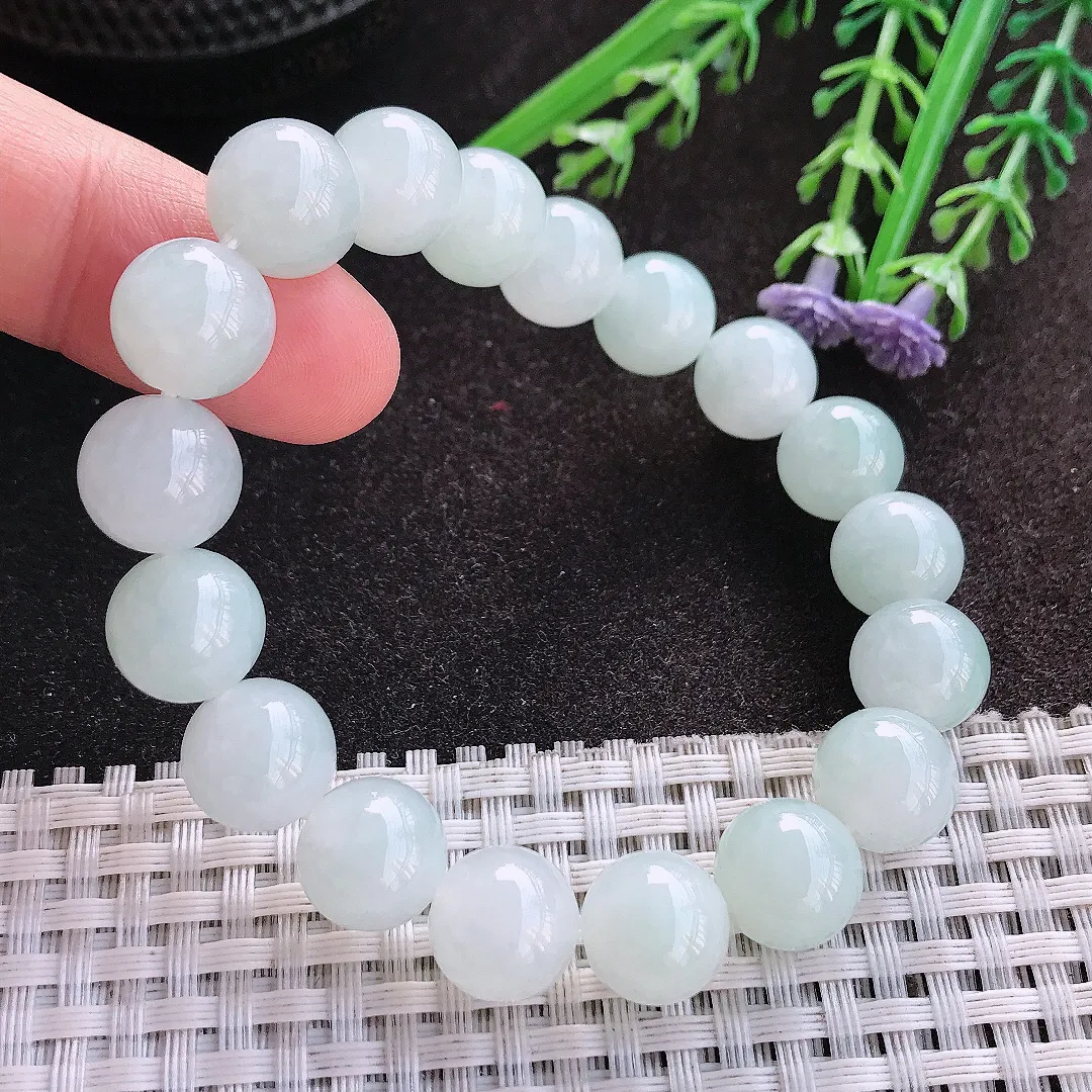 天然A货翡翠11/18颗老坑秀气冰润乳白色圆珠手链玉珠珠串