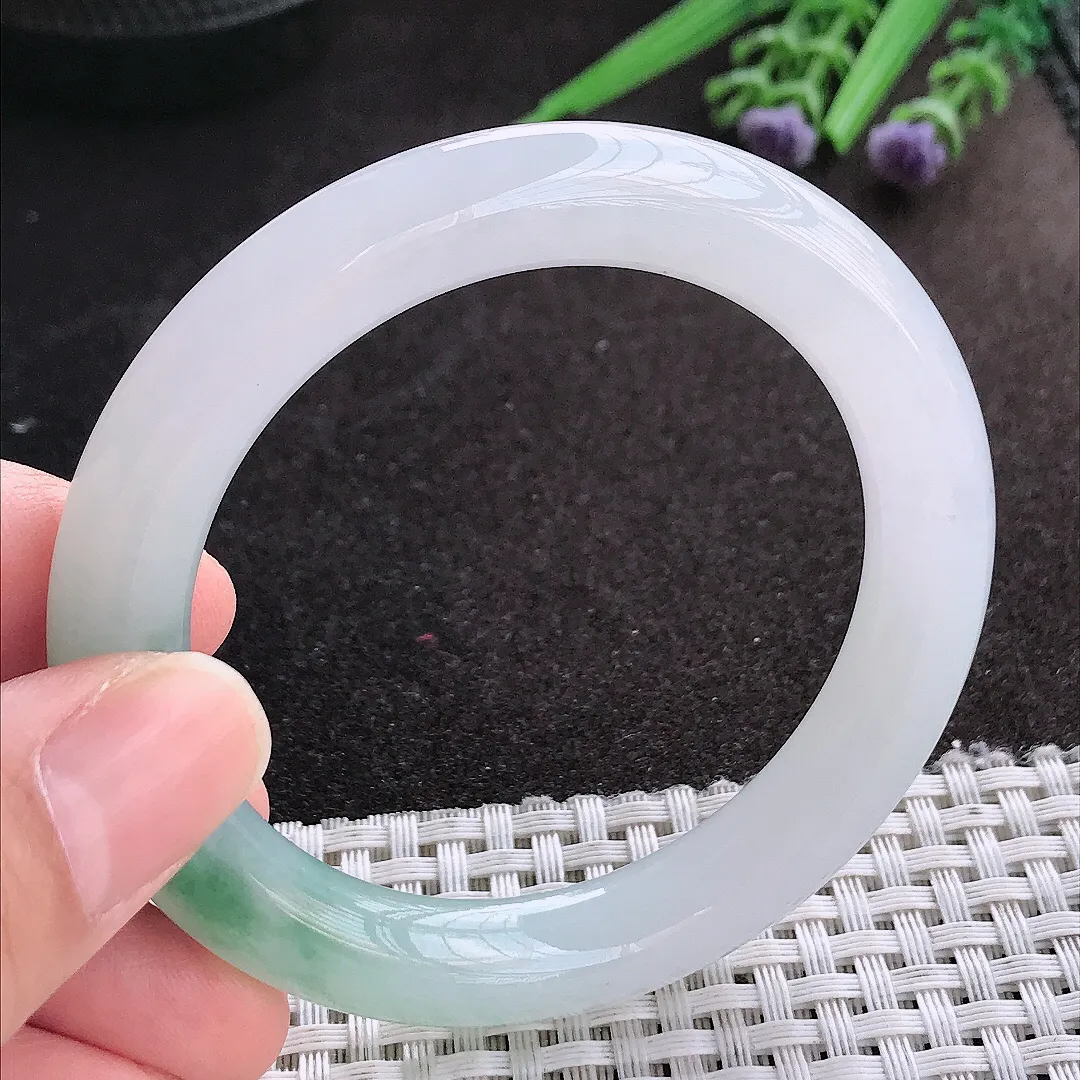 天然A货翡翠53/9.7/9.9老坑冰胶果冻飘花圆条手镯翡翠玉镯手环