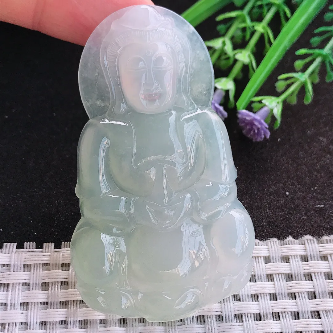 天然A货翡翠65/39.5/6.3老坑冰胶果冻冰晴正装观音吊坠翡翠挂件