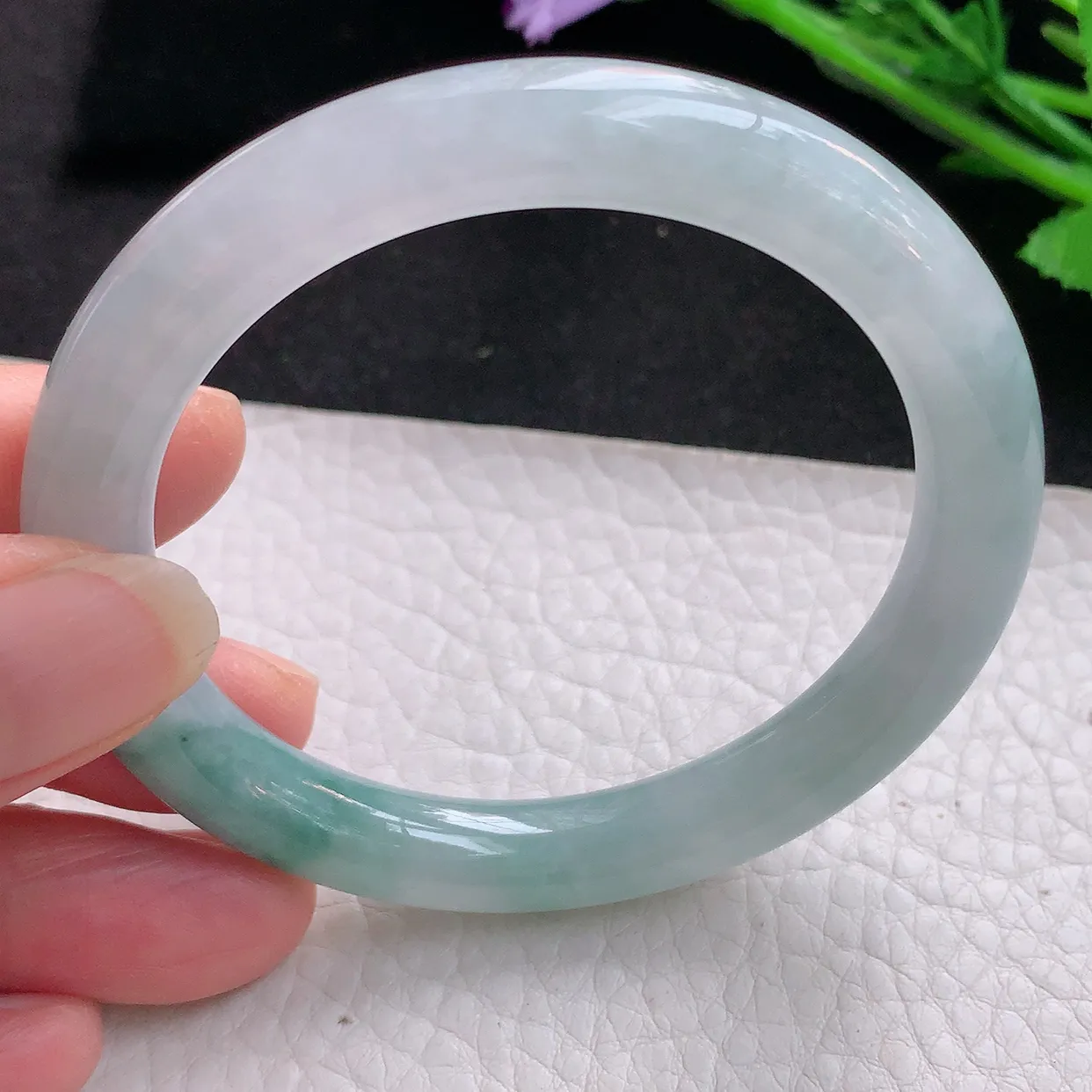 xh自然光53*8.6美人镯 翡翠玉手镯冰飘花圆条玉手环 美人镯