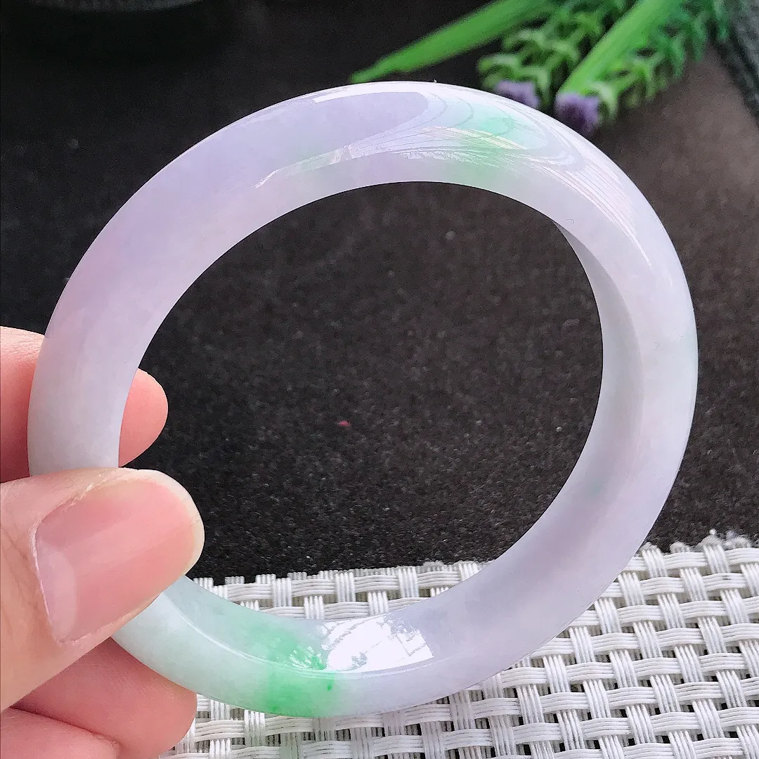 天然A货翡翠58/12/9老坑精美温润春带彩手镯紫罗兰宽边玉镯手环