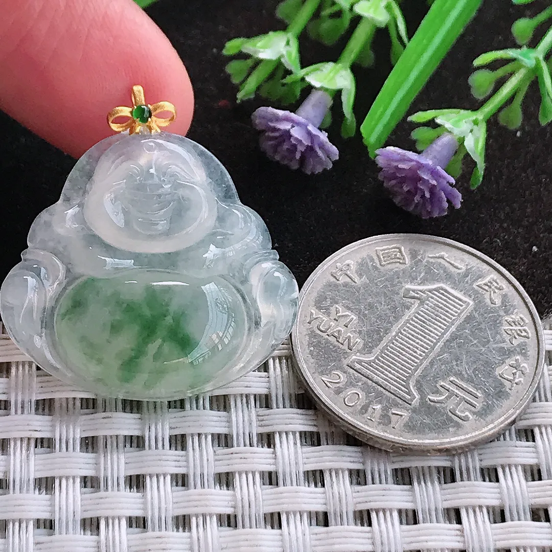 天然A货翡翠26/28.5/5.1老坑18k金镶嵌冰透起胶飘花佛公吊坠翡翠挂件