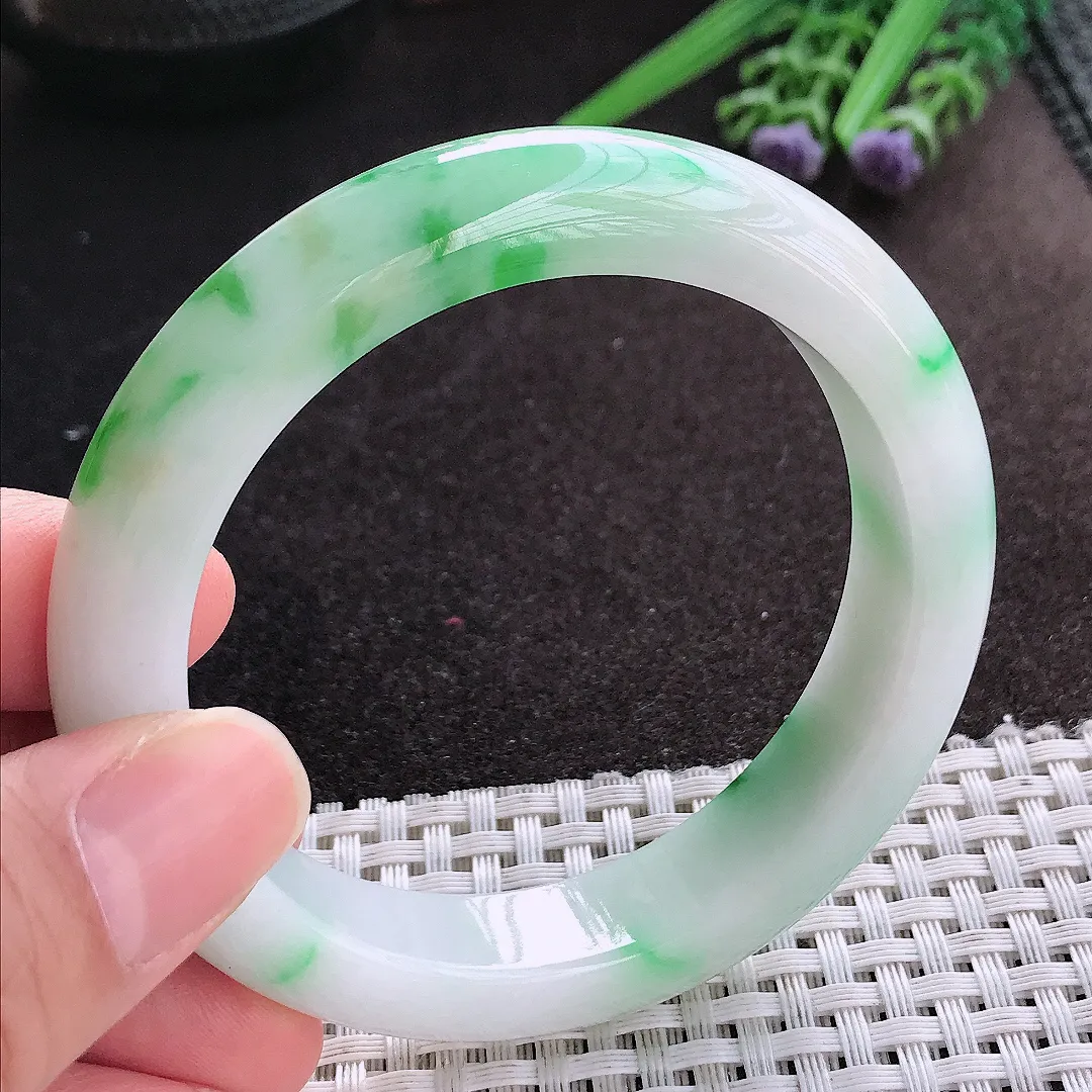 天然A货翡翠56/12.7/9.2老坑精美飘阳绿辣绿手镯宽边玉镯手环