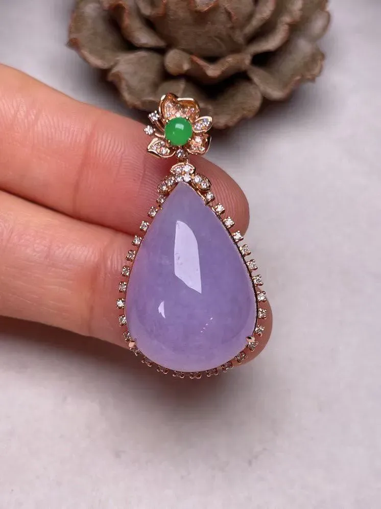 冰糯种紫罗兰滴水吊坠、真金真钻镶嵌，种水好，玉质细腻 .裸石尺寸 23.0*15.8