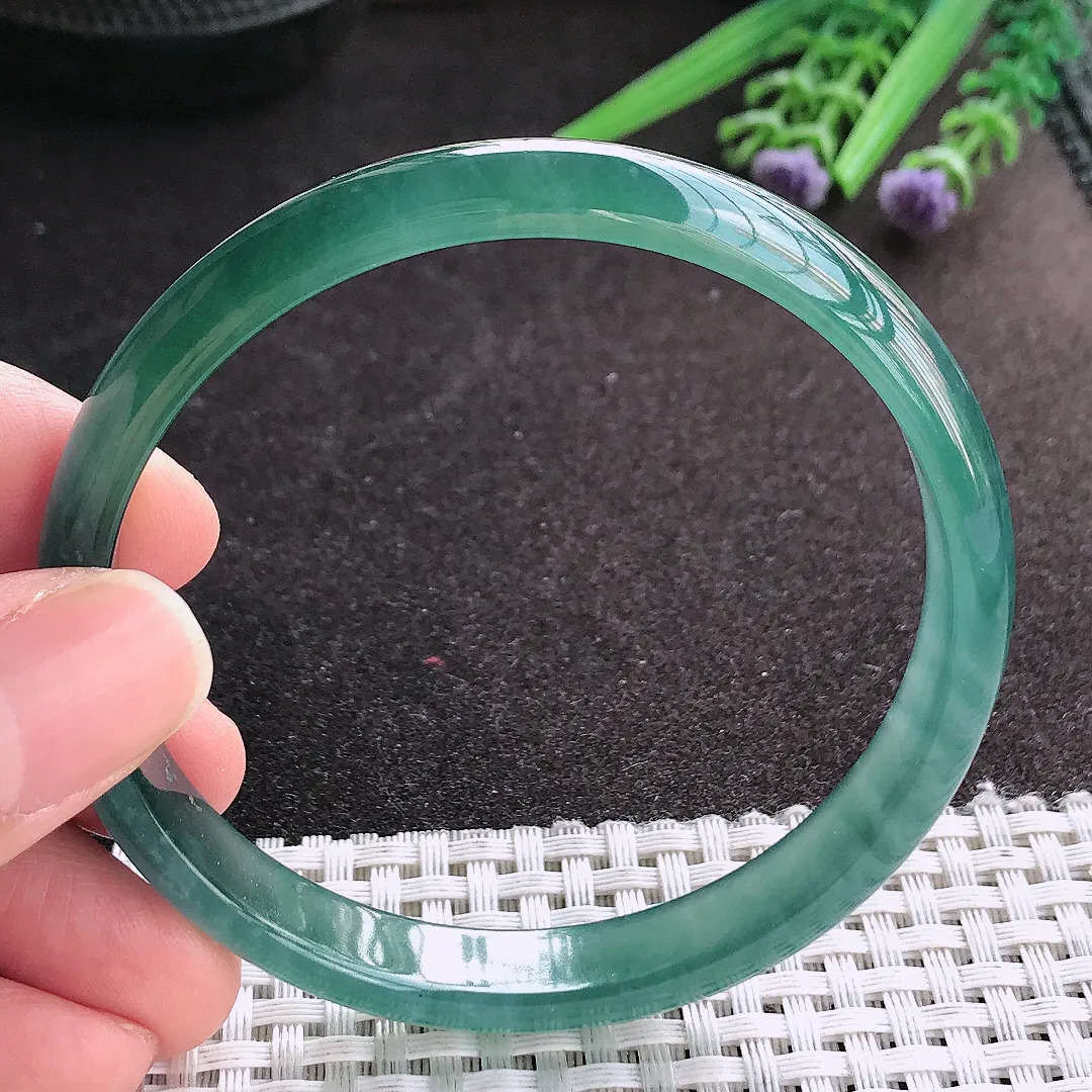 天然A货翡翠61/10/5.8老坑冰纯起胶满色蓝韵手镯宽边玉镯手环