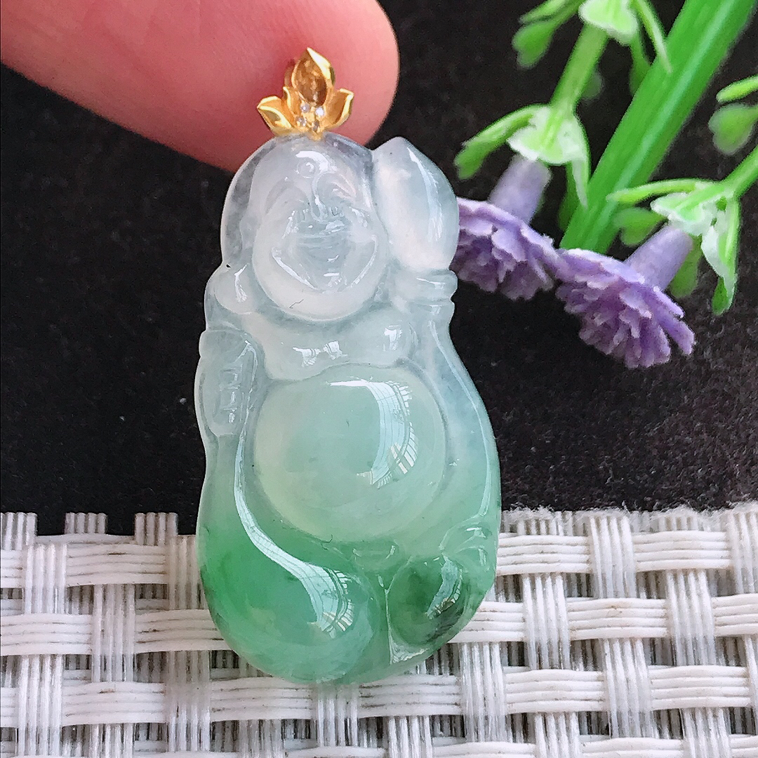 天然A货翡翠31.2/17.8/5.8老坑18k金镶嵌冰阳绿佛公吊坠翡翠布袋佛挂件