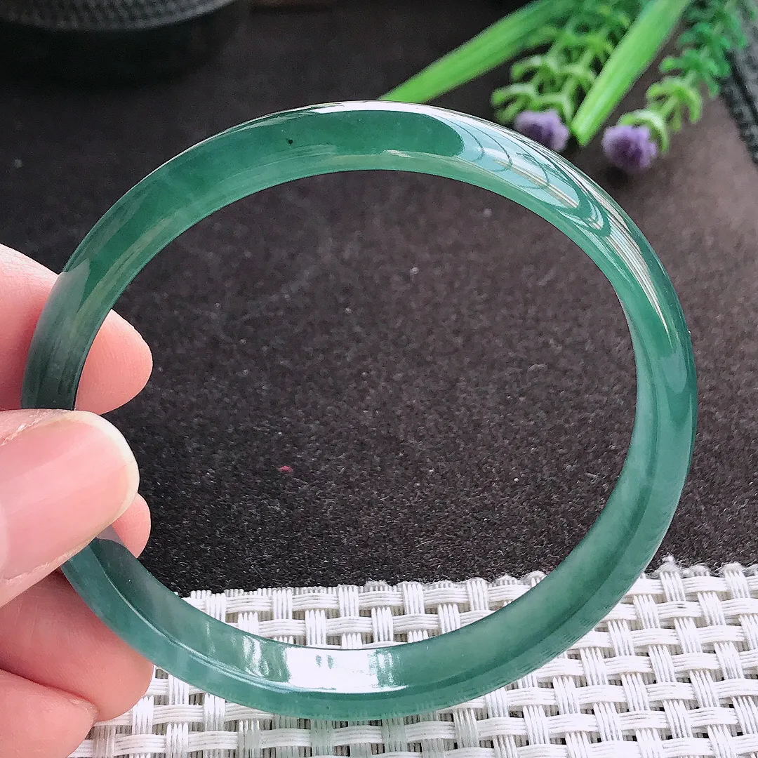 天然A货翡翠61/10/5.8老坑冰纯起胶满色蓝韵手镯宽边玉镯手环