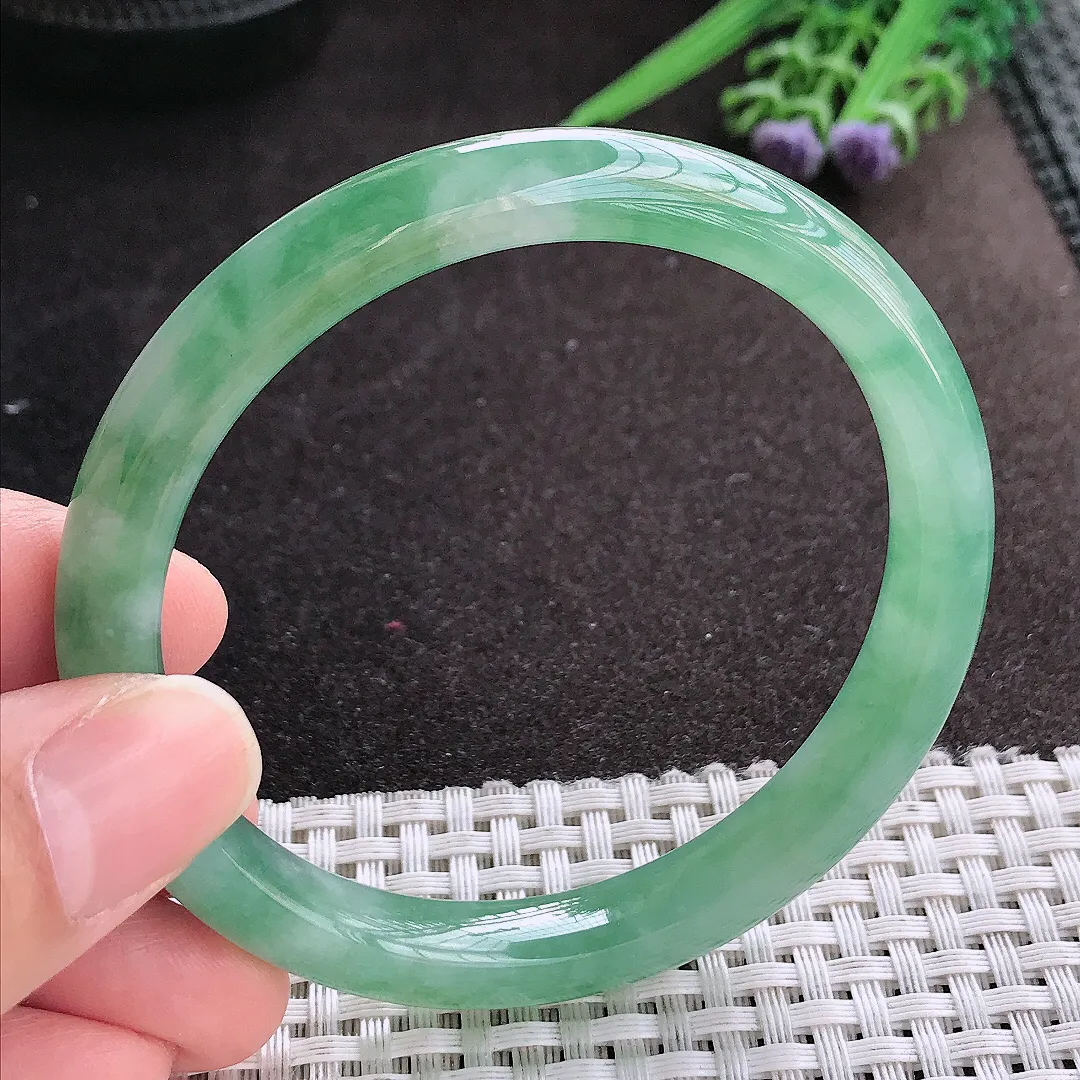 天然A货翡翠59/9.3/7.8老坑冰胶水灵冰晴满绿手镯宽边玉镯手环