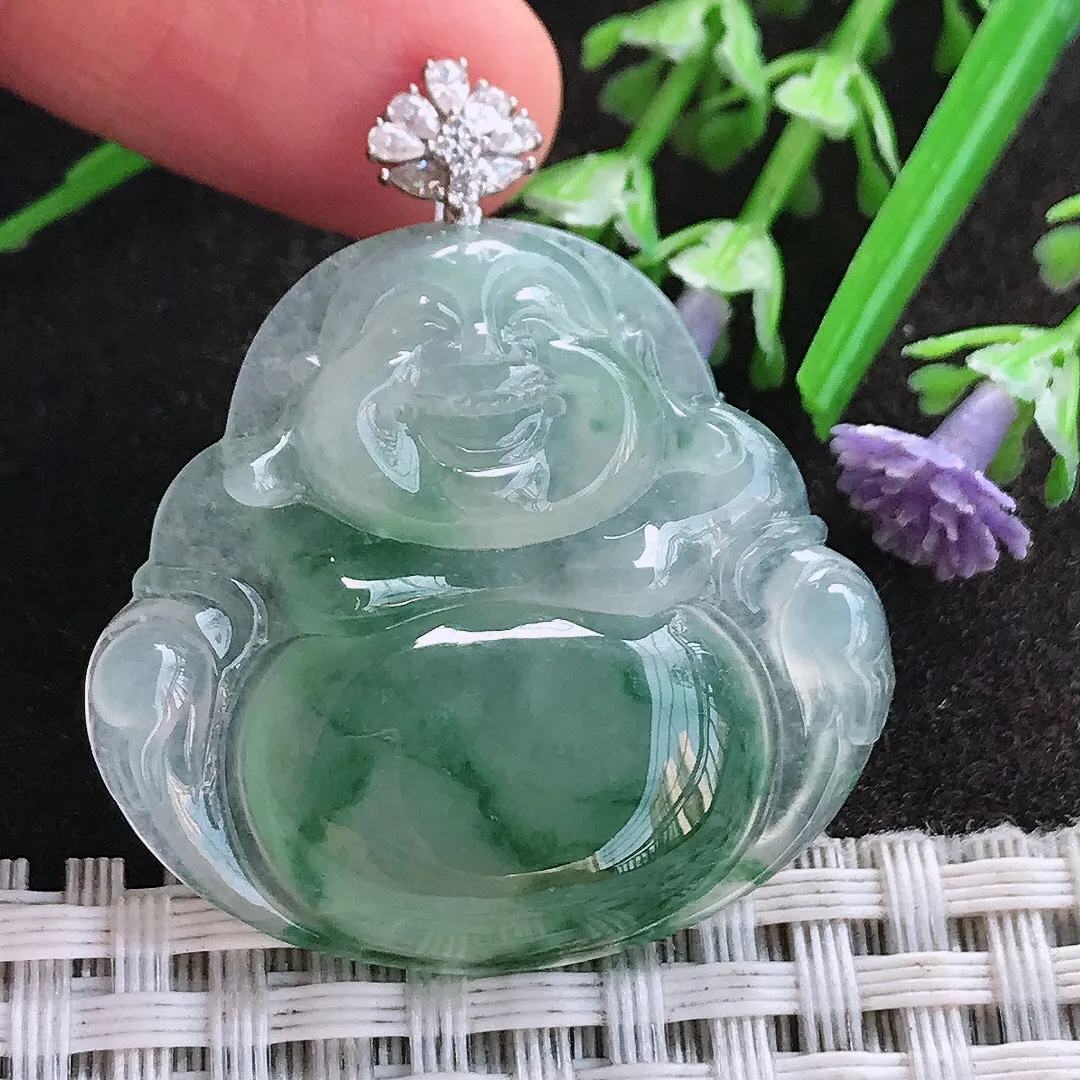 天然A货翡翠32/34.4/5.8老坑18k金镶嵌冰胶水灵冰飘花佛公吊坠翡翠玉佛挂件