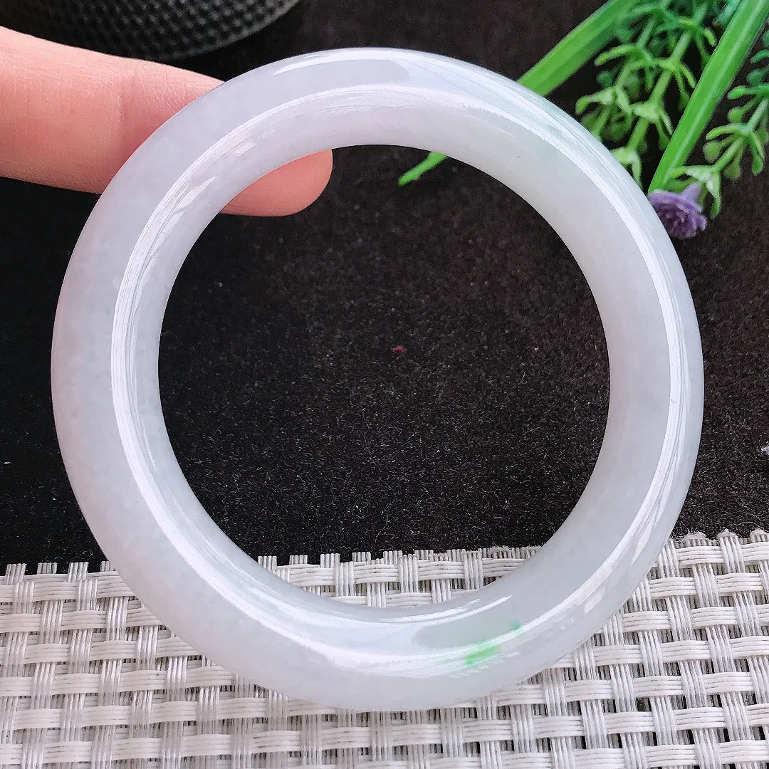 天然A货翡翠56/11.3/11.5老坑冰胶水灵白底飘绿圆条手镯翡翠玉镯手环