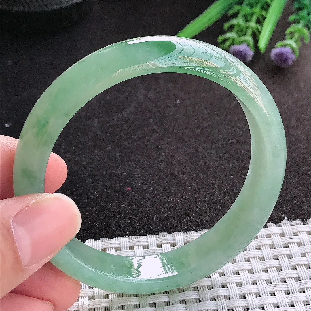 天然A货翡翠57/12.5/7.3老坑冰胶果冻冰晴满绿手镯宽边玉镯手环