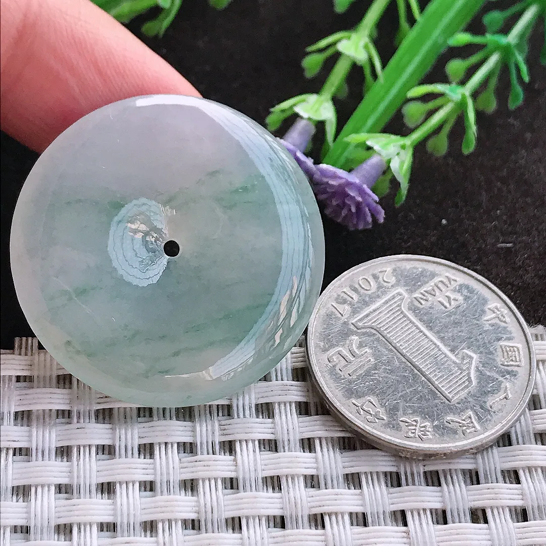 天然A货翡翠32.9/5.2老坑冰胶水灵飘花平安扣吊坠翡翠玉扣挂件