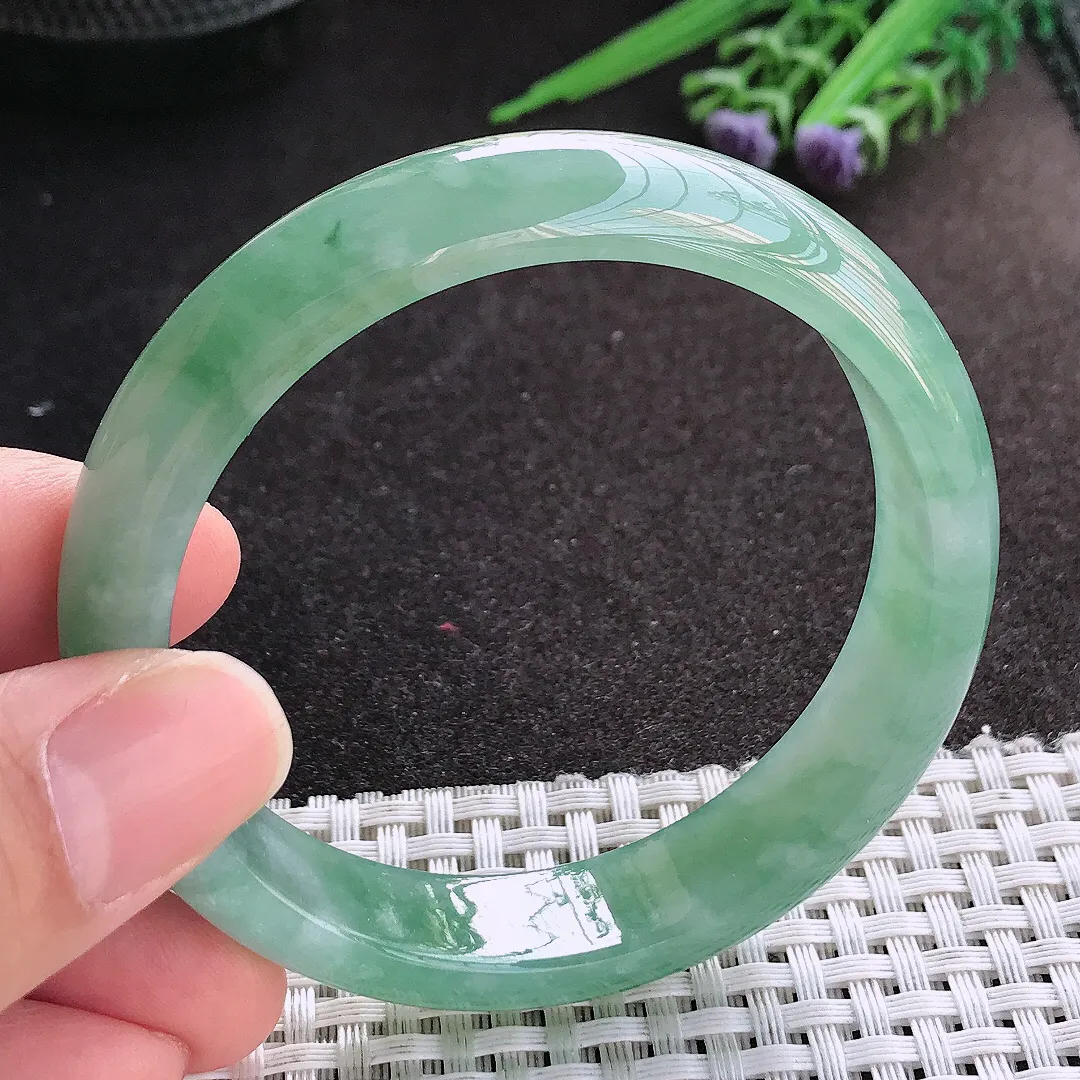 天然A货翡翠56.5/13.2/7.2老坑冰胶果冻满绿手镯宽边玉镯手环