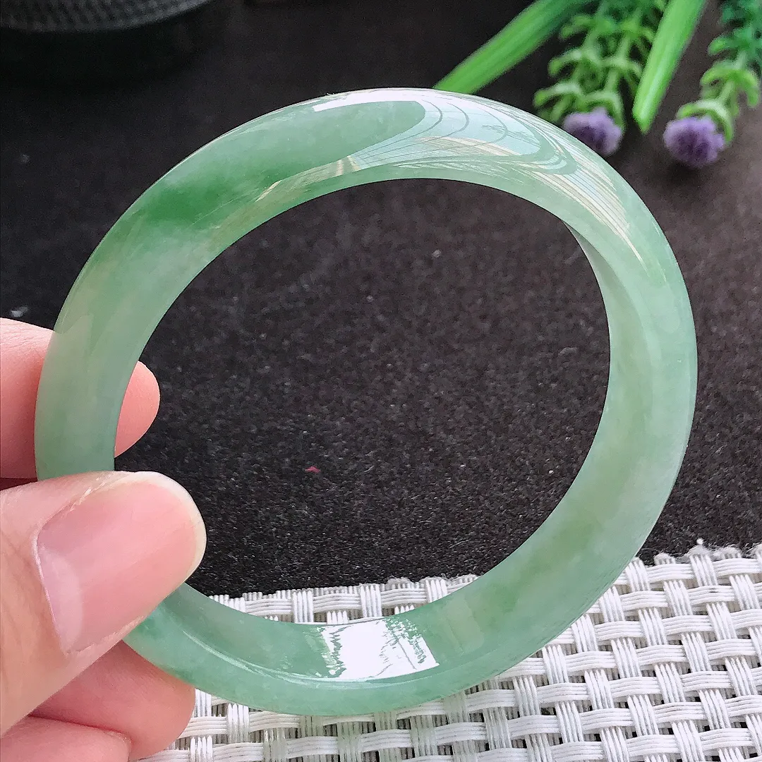 天然A货翡翠57/12.5/7.3老坑冰胶果冻冰晴满绿手镯宽边玉镯手环