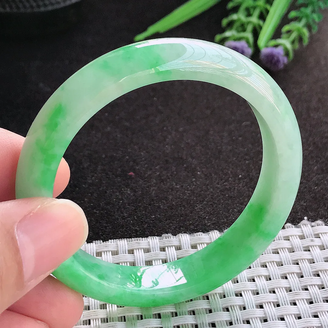 天然A货翡翠51/11.3/7.5老坑精美冰润阳绿手镯小圈口宽边玉镯手环