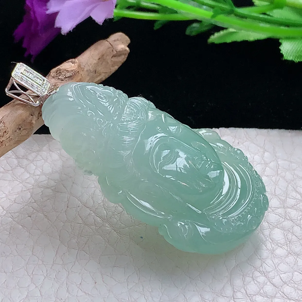 yl实拍53.3*38*11.5缅甸天然翡翠精雕冰晴观音头玉吊坠 观音首菩萨玉挂件