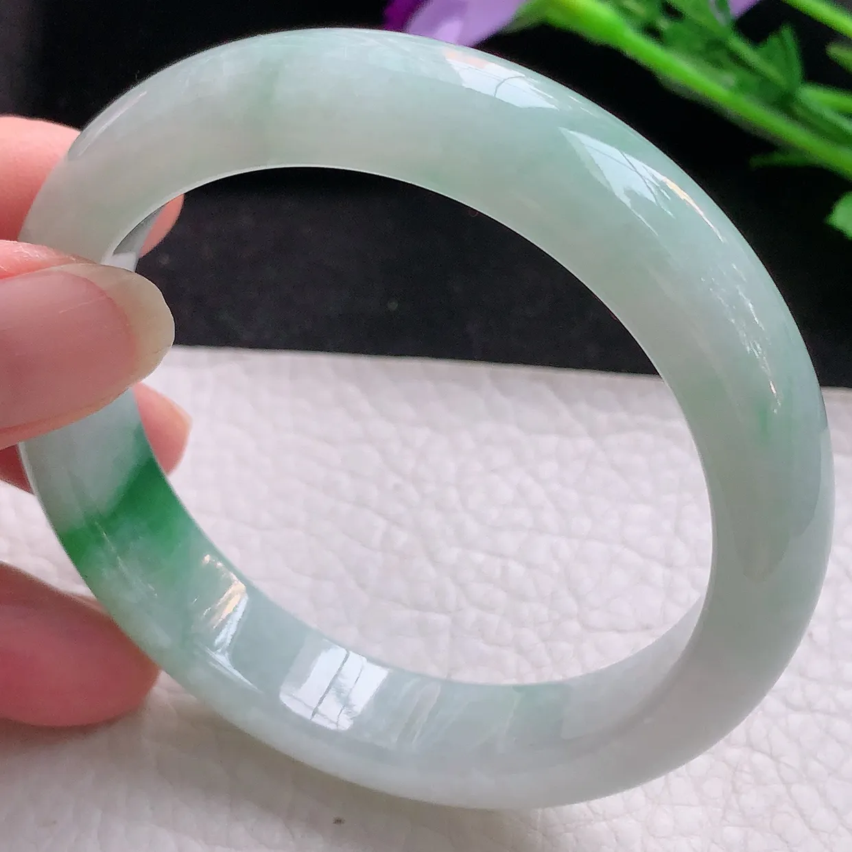 yh自然光58*13*8.5平安镯 翡翠玉手镯冰飘绿花宽边玉手环 美人镯