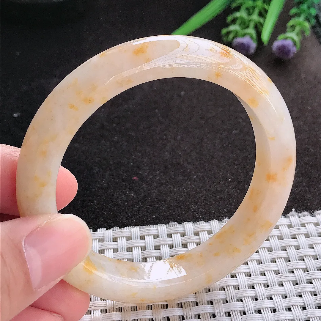 天然A货翡翠55/11.8/8.8老坑精美冰润特色洒金黄翡手镯宽边玉镯手环