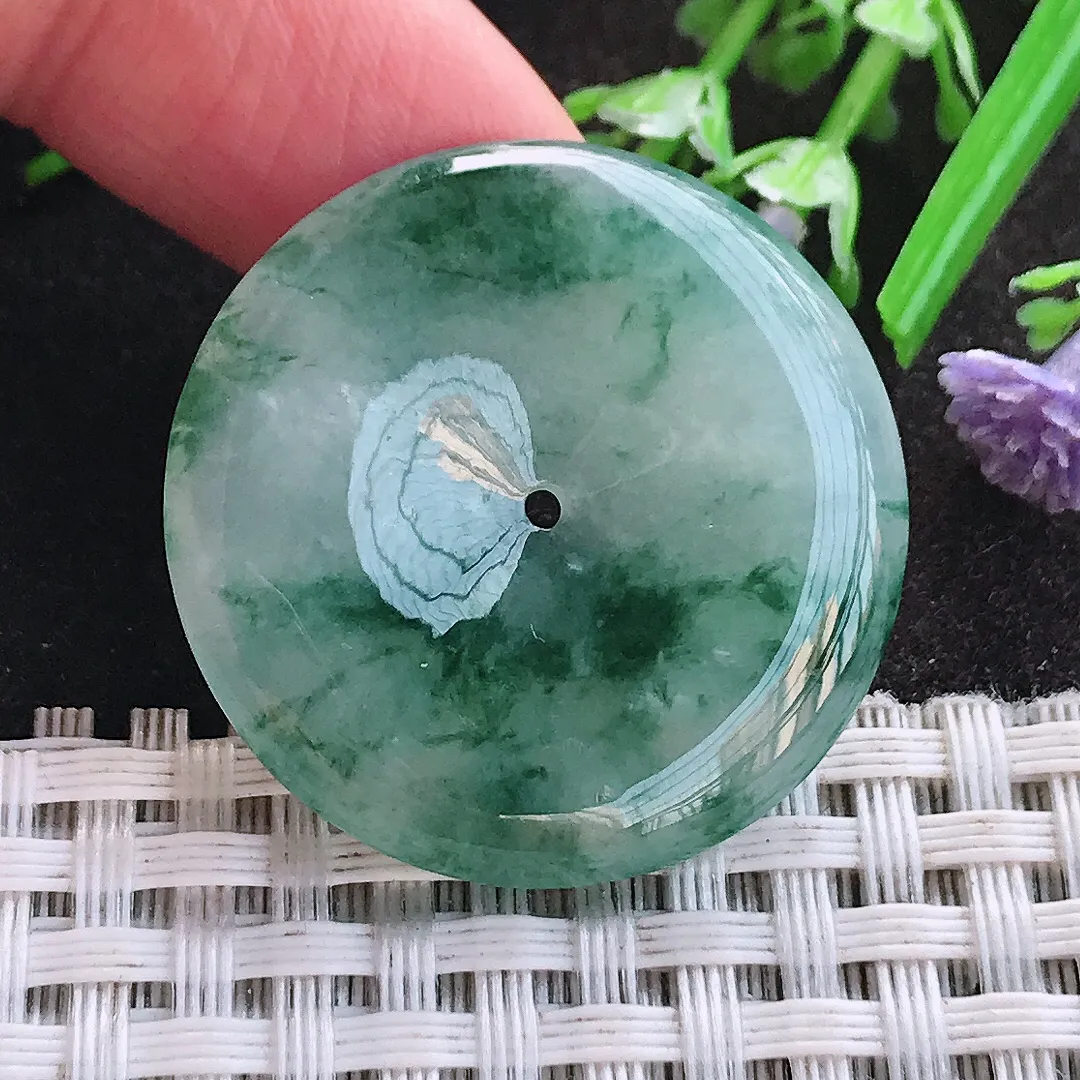 天然A货翡翠31.4/5.2老坑精美冰润飘花平安扣吊坠翡翠挂件