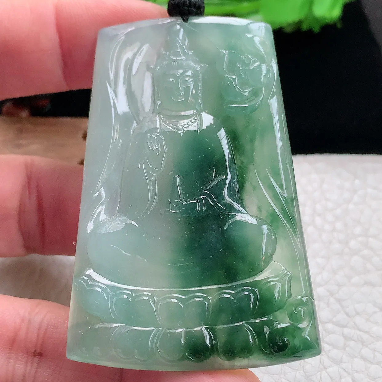 yl实拍68.5*43.6*5缅甸天然翡翠精雕冰飘花持瓶观音 净瓶观意玉吊坠