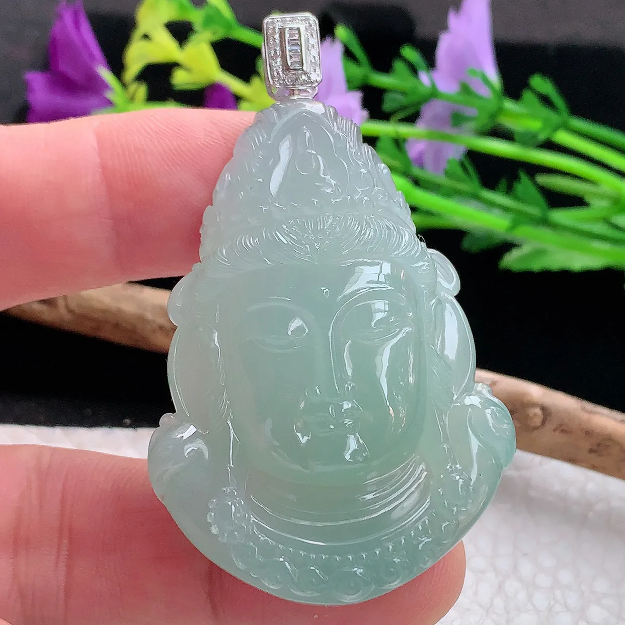 yl实拍53.3*38*11.5缅甸天然翡翠精雕冰晴观音头玉吊坠 观音首菩萨玉挂件