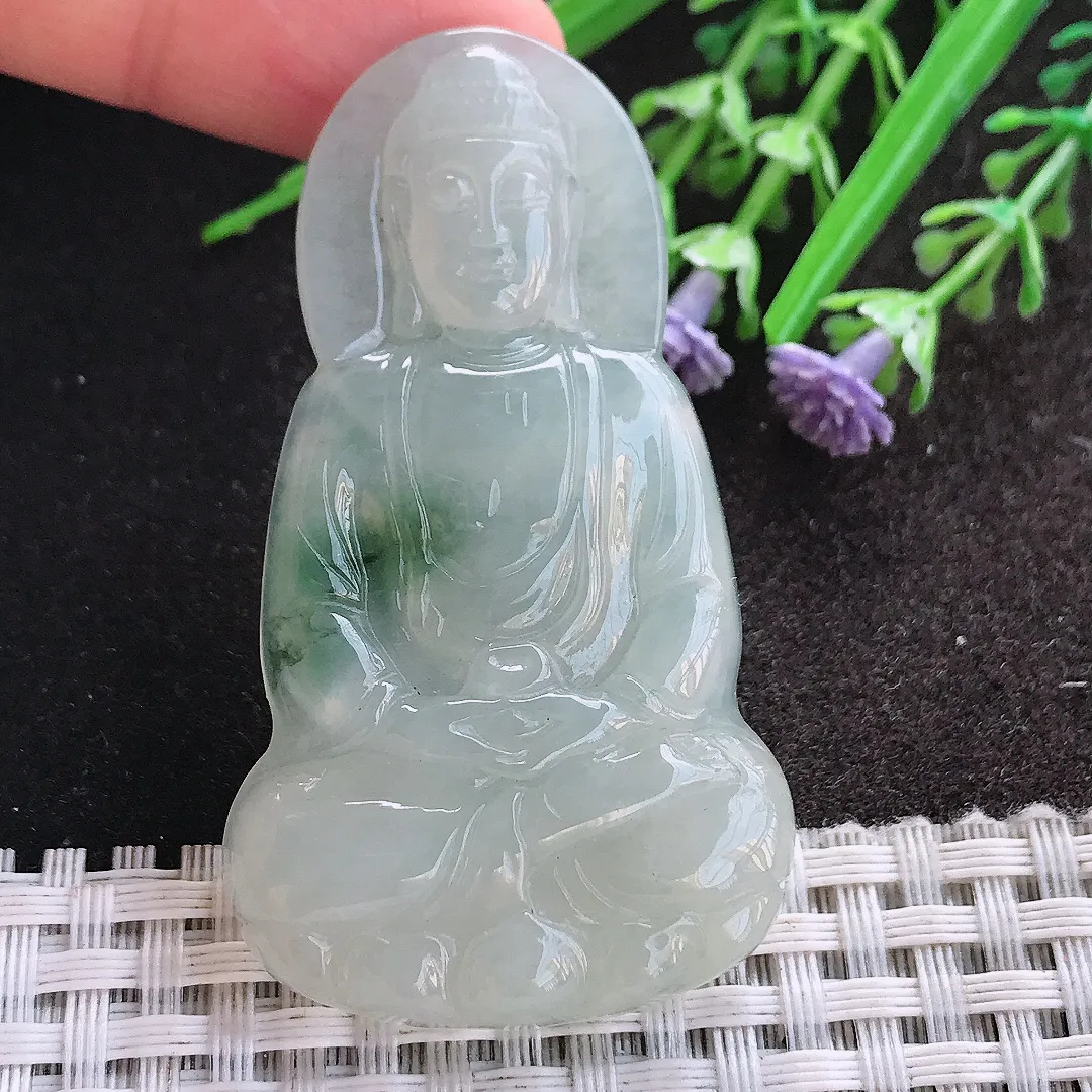 天然A货翡翠58.7/33.3/6老坑秀气冰润飘花大日如来佛吊坠翡翠挂件