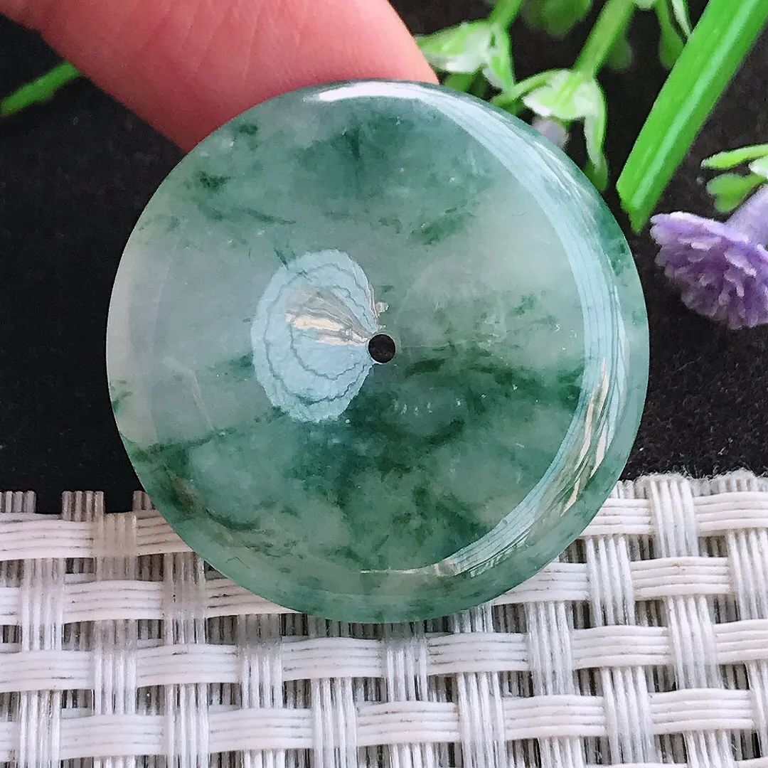 天然A货翡翠31.4/5.2老坑精美冰润飘花平安扣吊坠翡翠挂件