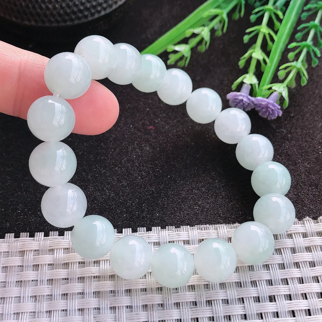 天然A货翡翠11/18颗老坑秀气冰润乳白色圆珠手链玉珠珠串