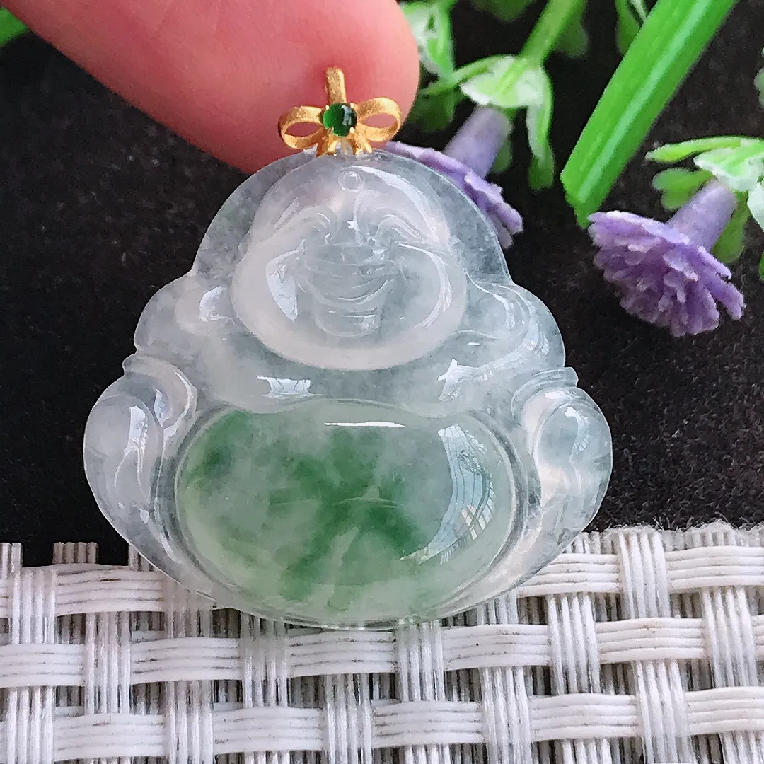 天然A货翡翠26/28.5/5.1老坑18k金镶嵌冰透起胶飘花佛公吊坠翡翠挂件