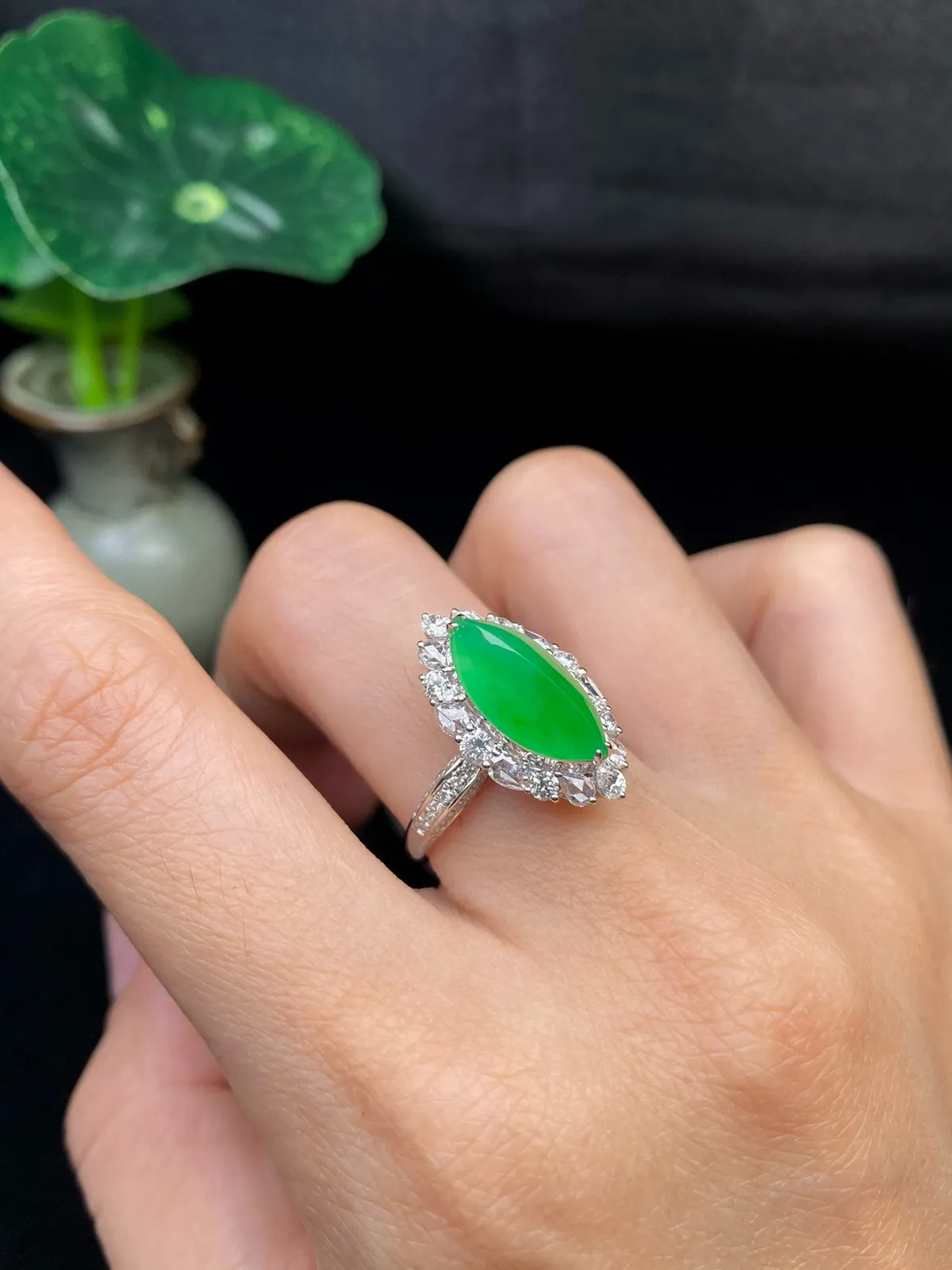 【冰种满绿马眼戒指】质地均匀细腻，冰润起光，胶感强烈，冰感明显。18K金钻精美镶嵌，裸石尺寸14.7*7.2*4.8毫米