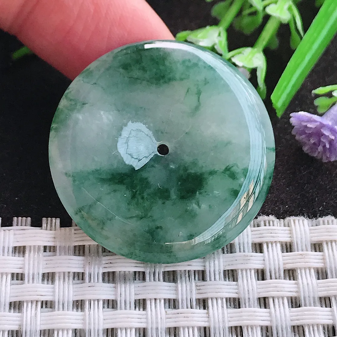 天然A货翡翠31.4/5.2老坑精美冰润飘花平安扣吊坠翡翠挂件