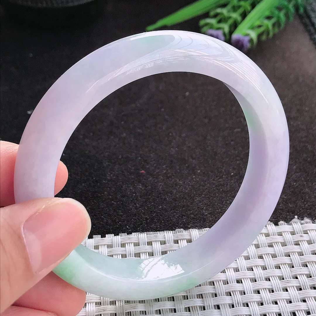天然A货翡翠58/12/9老坑精美温润春带彩手镯紫罗兰宽边玉镯手环