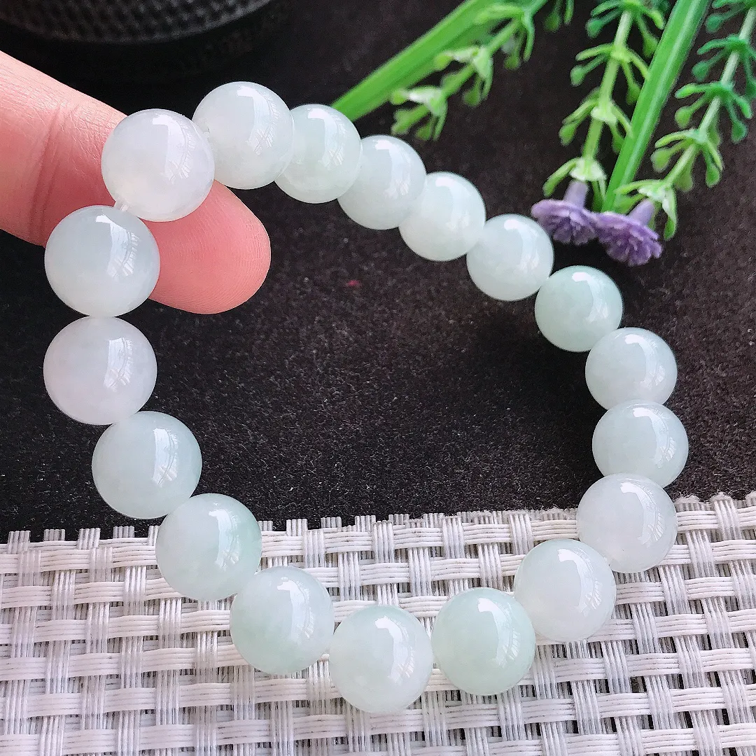 天然A货翡翠11/18颗老坑秀气冰润乳白色圆珠手链玉珠珠串