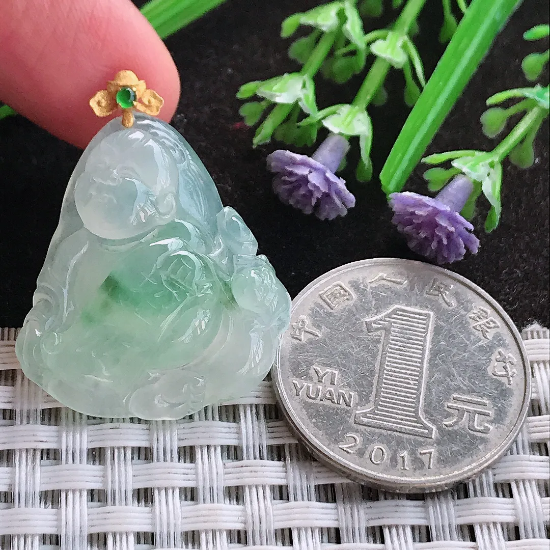 天然A货翡翠29.3/25.7/6.8老坑18k金镶嵌冰种果冻胶冰飘花招财童子吊坠翡翠挂件