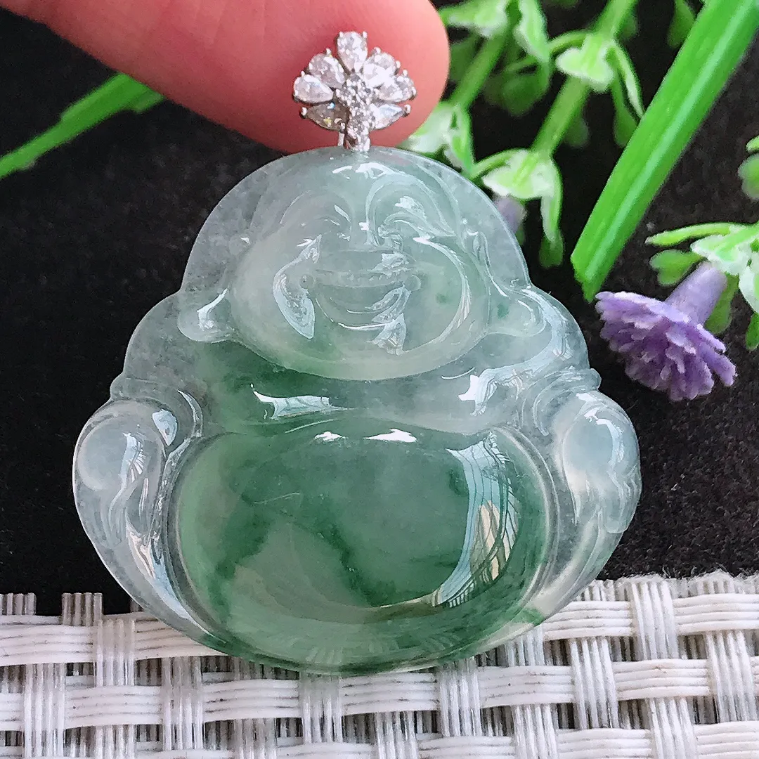 天然A货翡翠32/34.4/5.8老坑18k金镶嵌冰胶水灵冰飘花佛公吊坠翡翠玉佛挂件