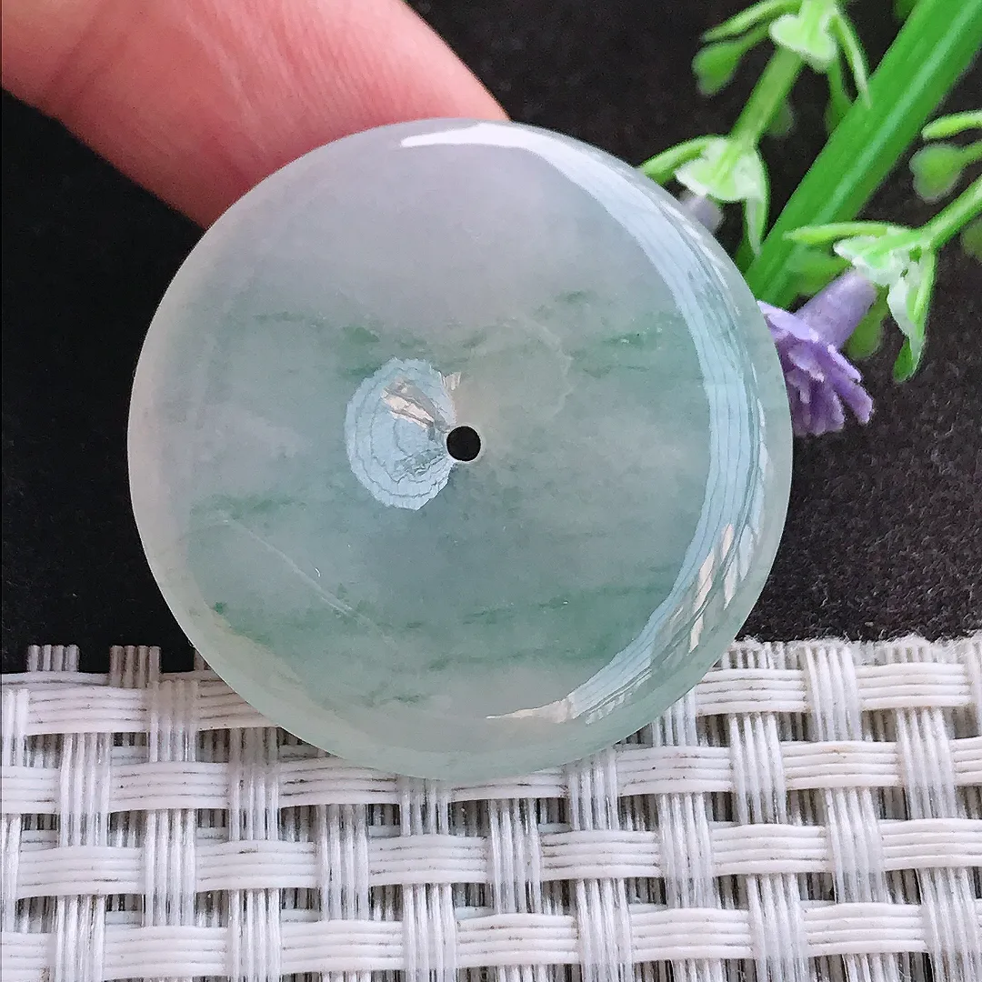 天然A货翡翠32.9/5.2老坑冰胶水灵飘花平安扣吊坠翡翠玉扣挂件