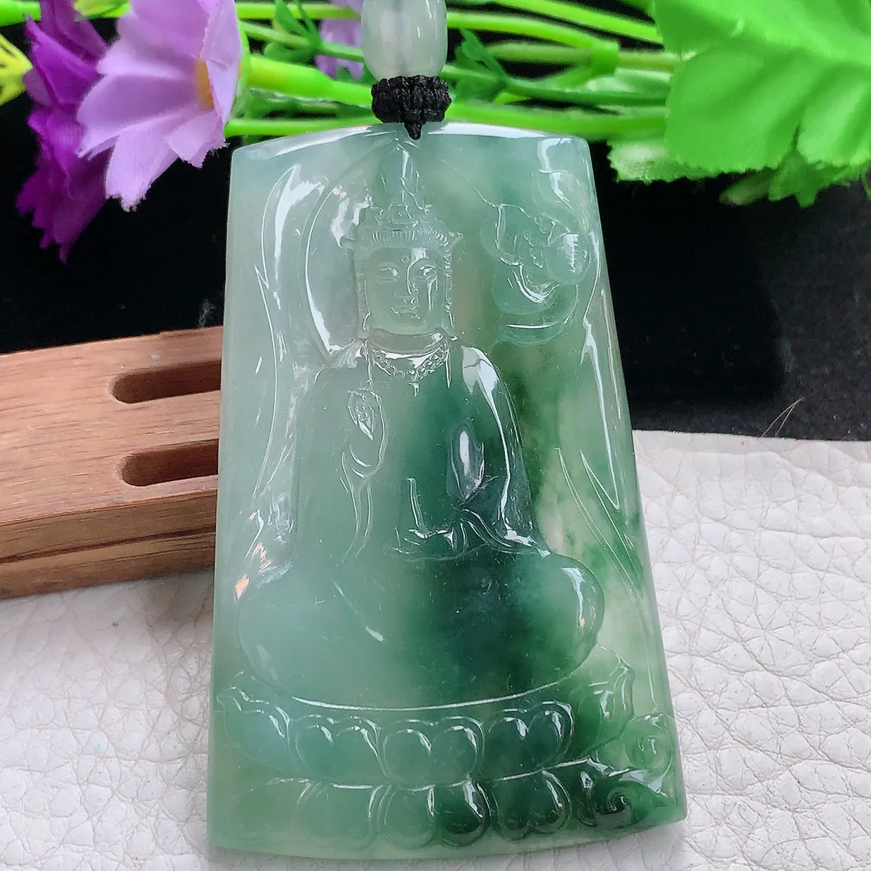 yl实拍68.5*43.6*5缅甸天然翡翠精雕冰飘花持瓶观音 净瓶观意玉吊坠
