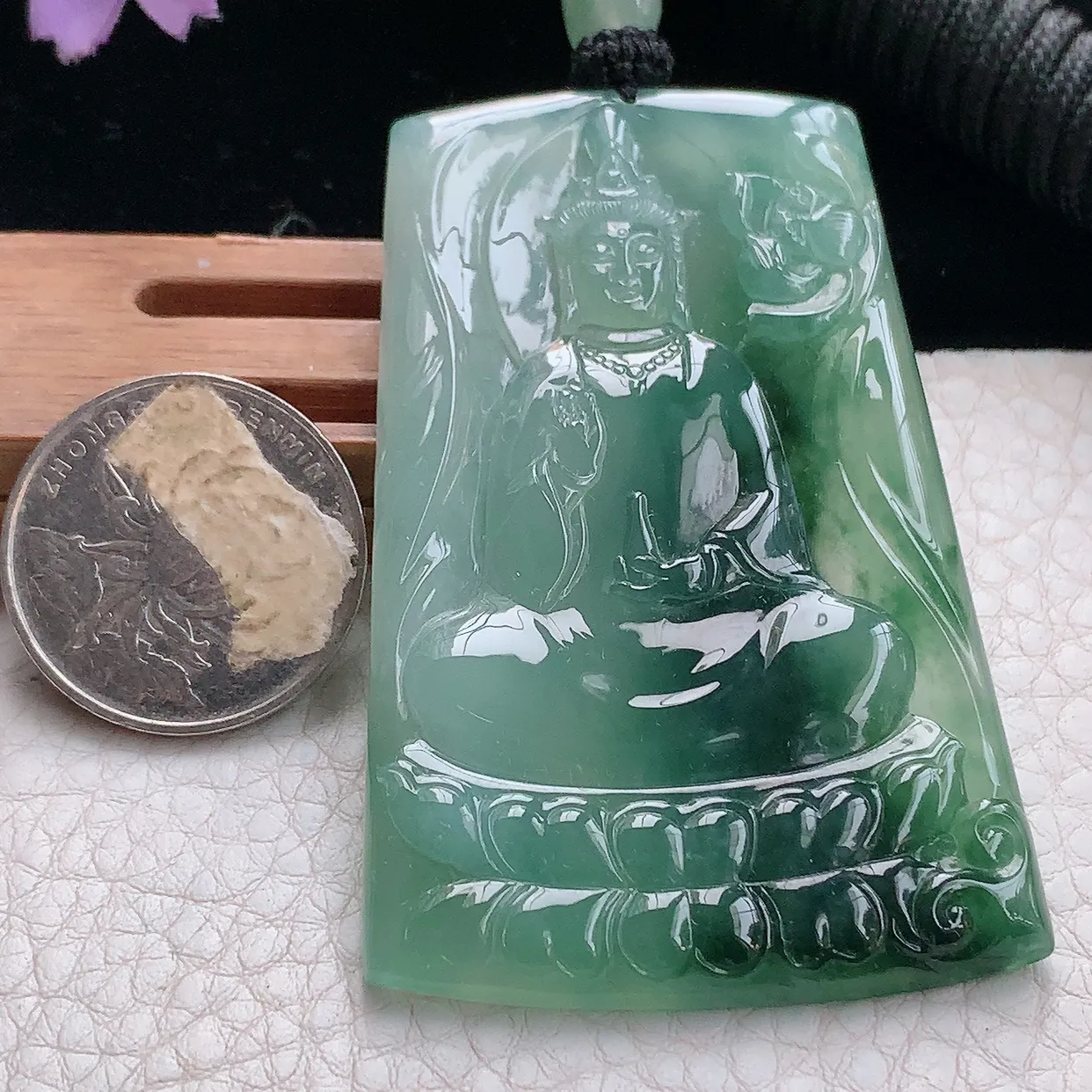 yl实拍68.5*43.6*5缅甸天然翡翠精雕冰飘花持瓶观音 净瓶观意玉吊坠