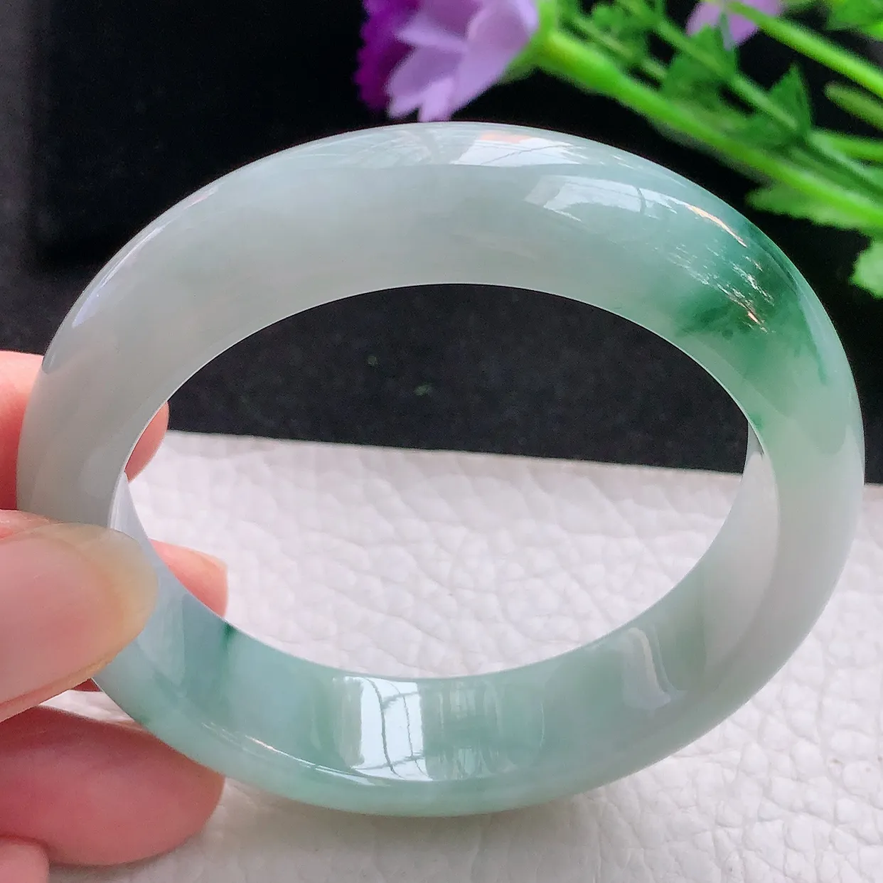 jm自然光53*14*8.3平安镯 缅甸翡翠A货冰飘花宽边玉手镯玉手环