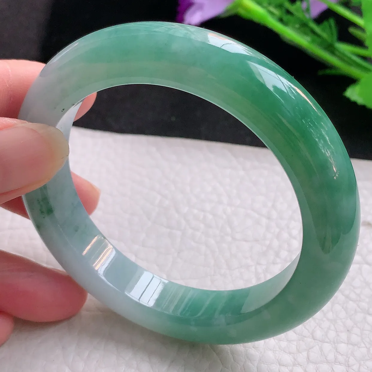 yh自然光56.5*12.5*9.8平安镯 翡翠玉手镯冰胶油绿宽边玉手环