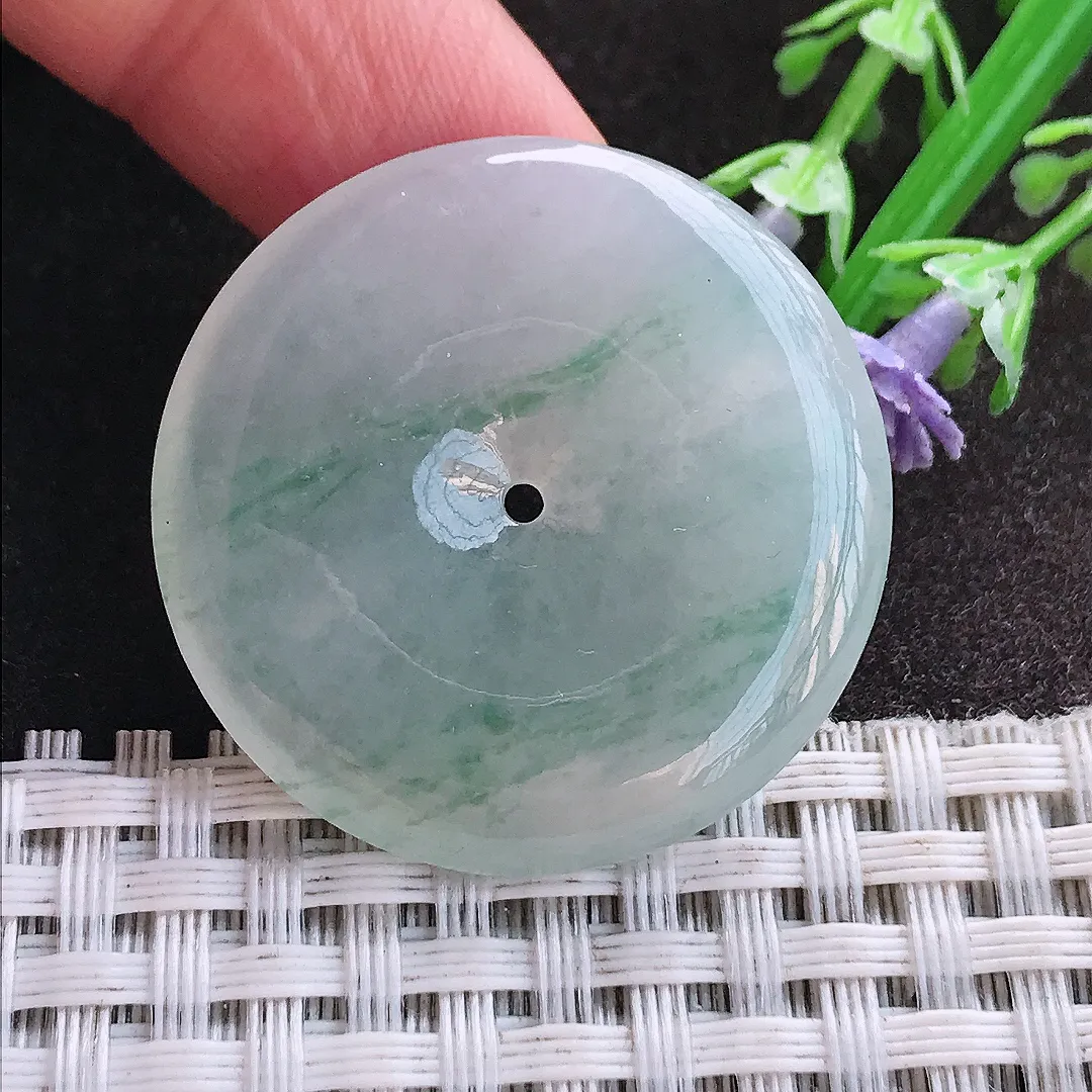 天然A货翡翠32.9/5.2老坑冰胶水灵飘花平安扣吊坠翡翠玉扣挂件