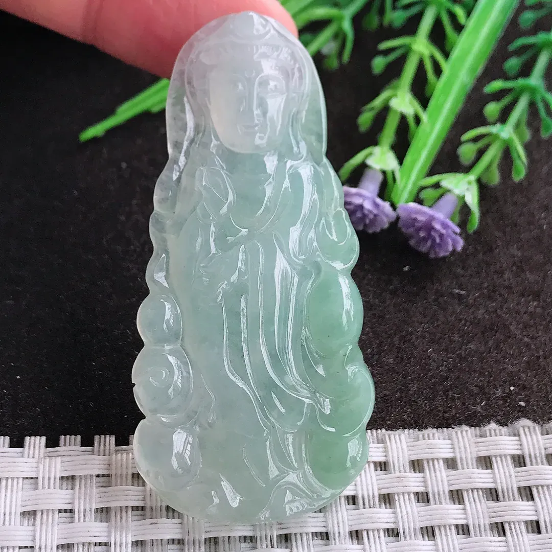 天然A货翡翠59/28.2/5.5老坑冰胶果冻冰晴站观音吊坠翡翠挂件