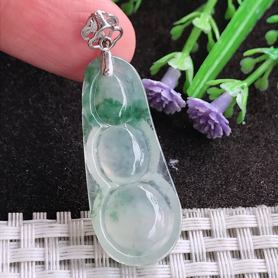 天然A货翡翠35.6/15/4.9老坑18k金镶嵌冰种飘花四季豆吊坠翡翠福豆挂件