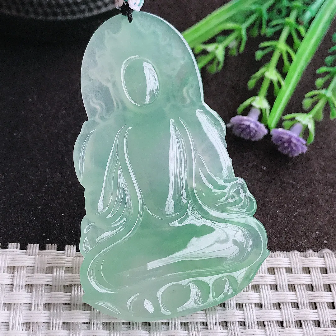 天然A货翡翠64/41.2/5.8老坑冰种果冻胶冰晴甜绿渡母菩萨精美吊坠翡翠挂件